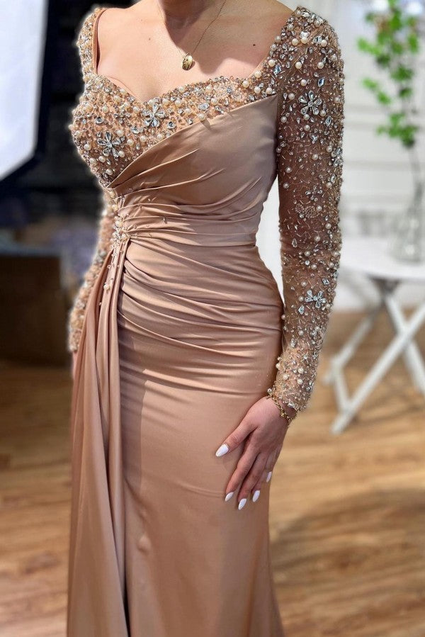 Chic Long Mermaid Beadings Prom Dresses With Long Sleevess-ballbellauk