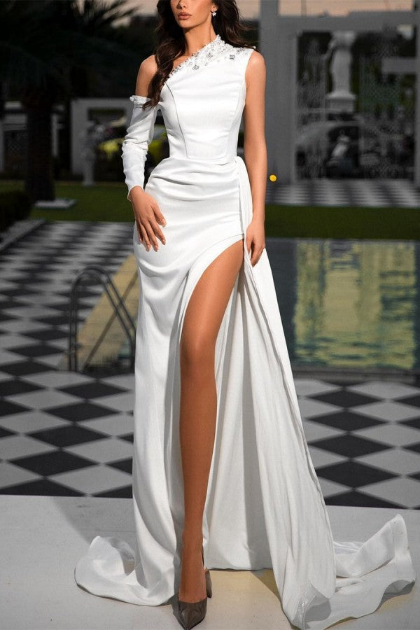 Chic Long White One Shoulder Sequined Prom Dress With Slit-ballbellauk