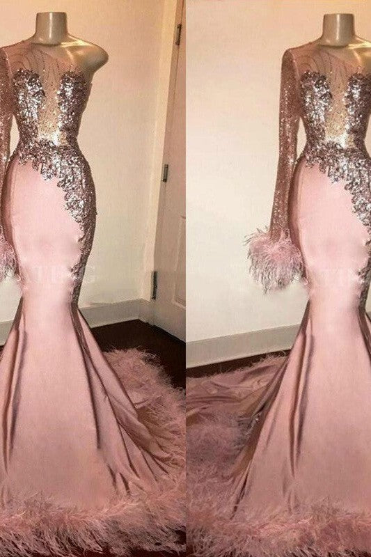 Chic Mermaid Elastic Woven Satin One-Shoulder Long Sleeves Prom Dress-ballbellauk