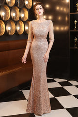 Chic Mermaid Evening Dress with Half Sleeves and Sequins - Perfect for Champagne Events!-ballbellauk