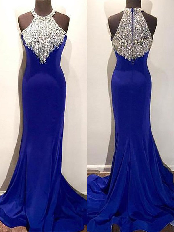 Chic Mermaid Halter Sleeveless Beading Spandex Prom Dress-ballbellauk