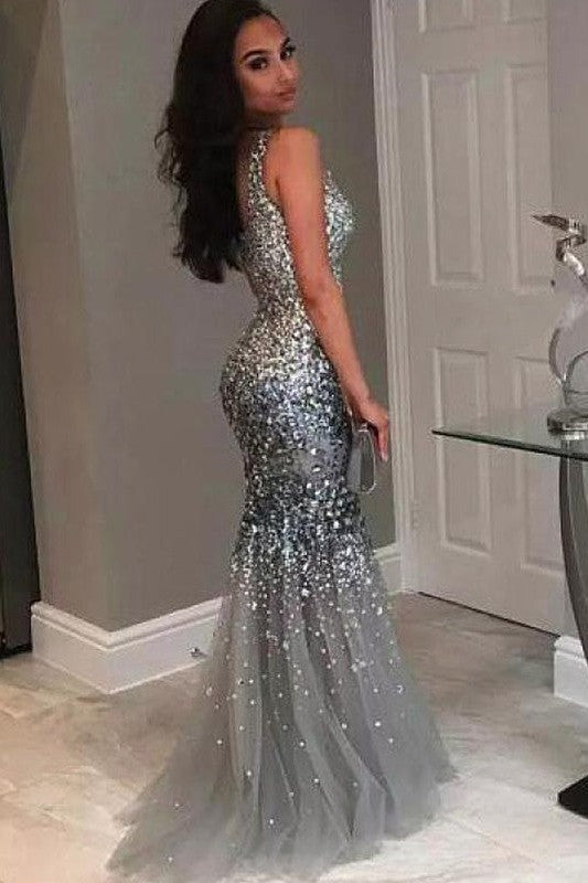 Chic Mermaid Jewel Sleeveless Long Sequin Tulle Prom Dress-ballbellauk