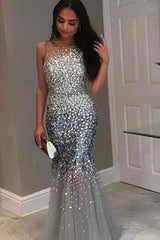 Chic Mermaid Jewel Sleeveless Long Sequin Tulle Prom Dress-ballbellauk
