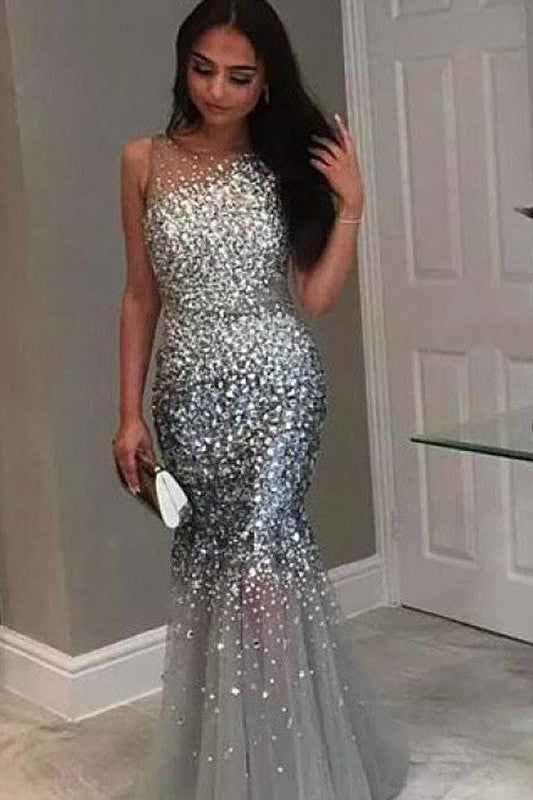 Chic Mermaid Jewel Sleeveless Long Sequin Tulle Prom Dress-ballbellauk