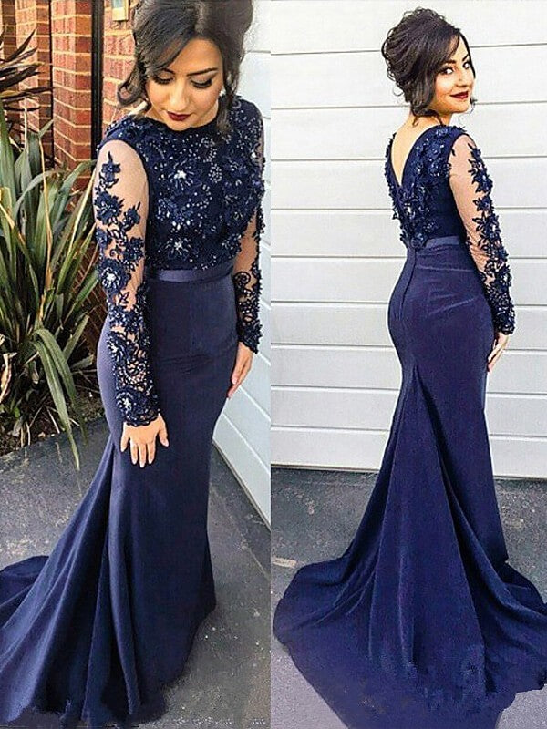 Chic Mermaid Lace Scoop Long Sleeves Plus Size Prom Dress-ballbellauk