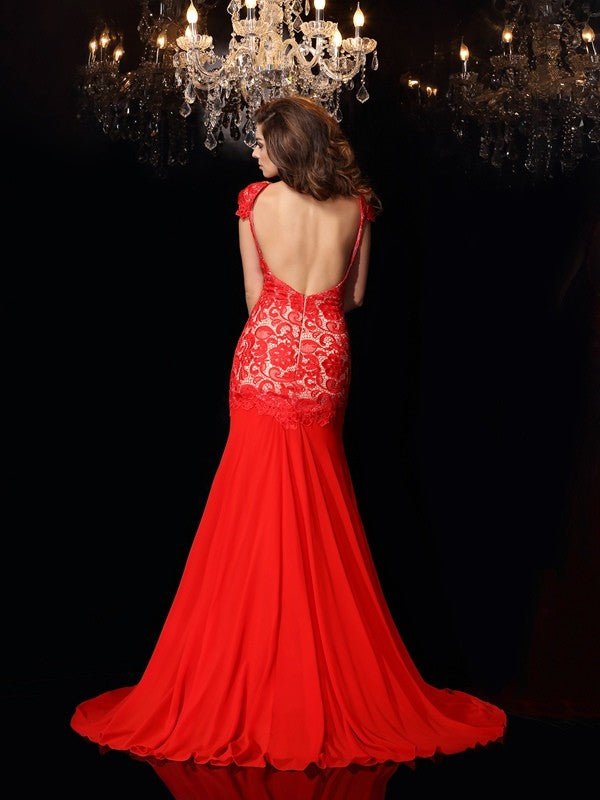Chic Mermaid Lace Sleeveless Long Evening Dress Chiffon-ballbellauk