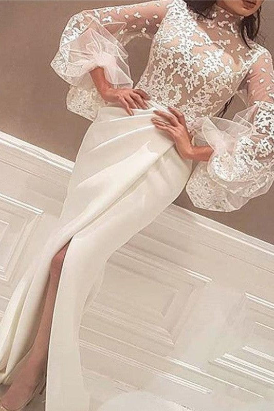 Chic Mermaid Long Sleeves High Neck Lace Stretch Crepe Prom Dress-ballbellauk