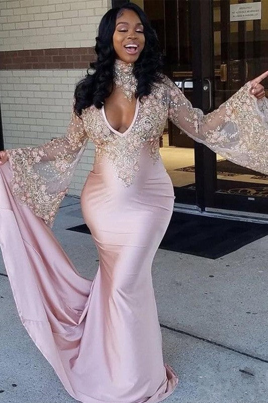 Chic Mermaid Long Sleeves High Neck With Appliques Elegant Evening Dress-ballbellauk