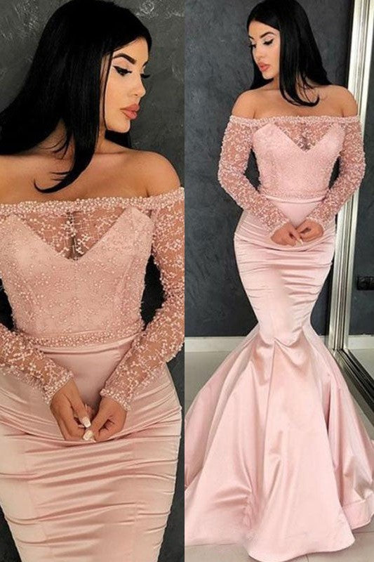 Chic Mermaid Long Sleeves Off-the-Shoulder Elegant Evening Dress-ballbellauk
