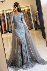 Chic Mermaid Long Sleeves Off-the-Shoulder Lace Prom Dress-ballbellauk