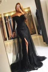 Chic Mermaid Long Sleeves Off-the-Shoulder Lace Prom Dress-ballbellauk