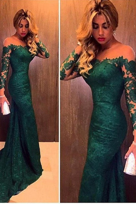 Chic Mermaid Long Sleeves Off-the-Shoulder Lace Prom Dress-ballbellauk