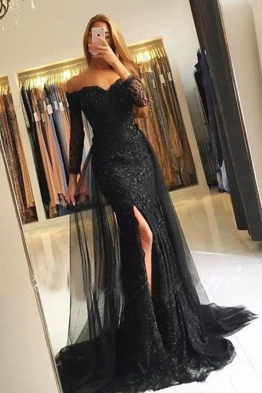 Chic Mermaid Long Sleeves Off-the-Shoulder Lace Prom Dress-ballbellauk