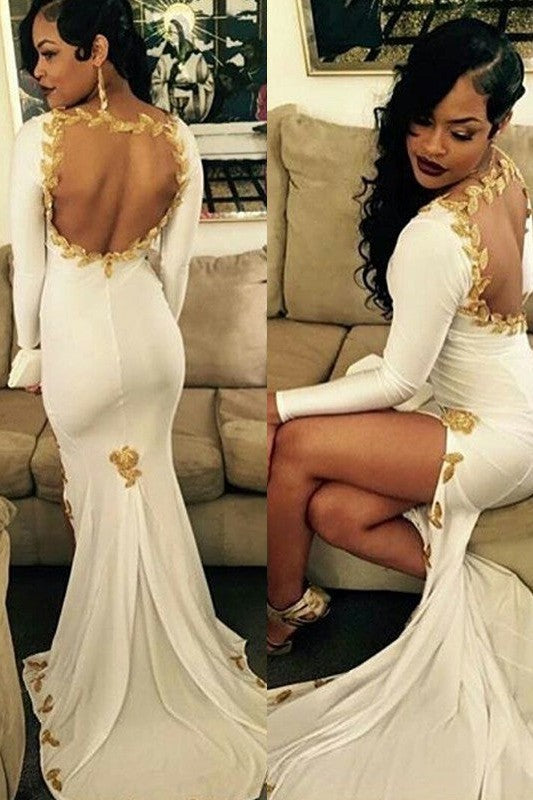 Chic Mermaid Long Sleeves Scoop With Appliques Evening Dress Chiffon-ballbellauk
