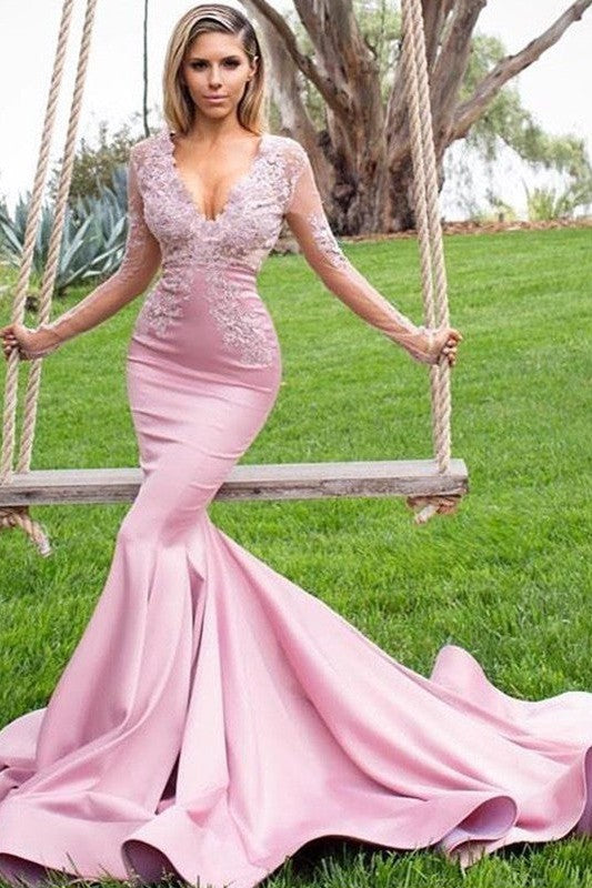 Chic Mermaid Long Sleeves V-neck With Appliques Elegant Evening Dress-ballbellauk