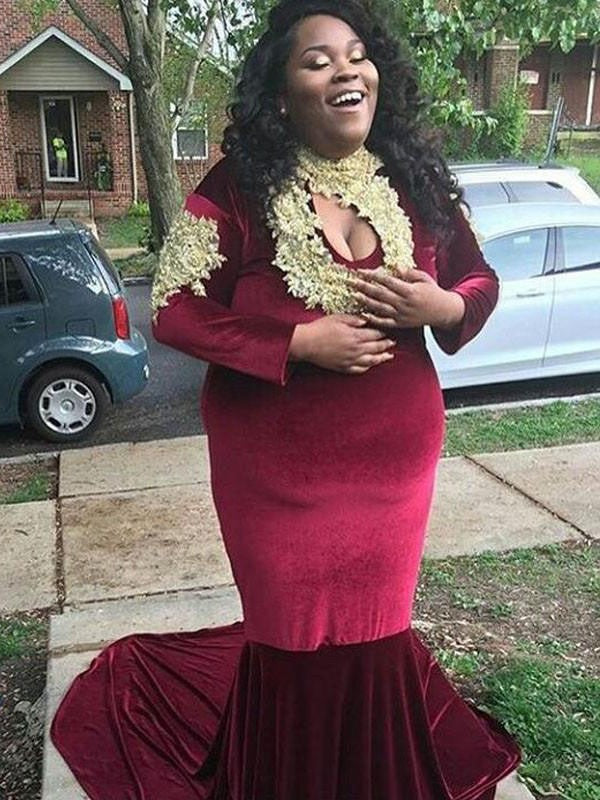 Chic Mermaid Long Sleeves With Appliques Court Train Velvet Plus Size Prom Dress-ballbellauk