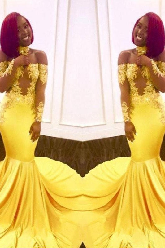 Chic Mermaid Long Sleeves With Appliques Elastic Woven Prom Dress Long Online-ballbellauk