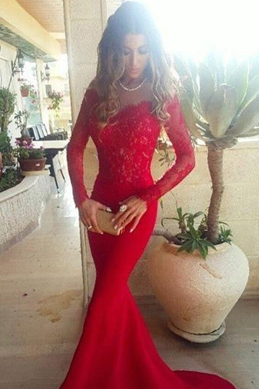Chic Mermaid Off-the-Shoulder Long Sleeves Lace Elastic Woven Elegant Evening Dress-ballbellauk