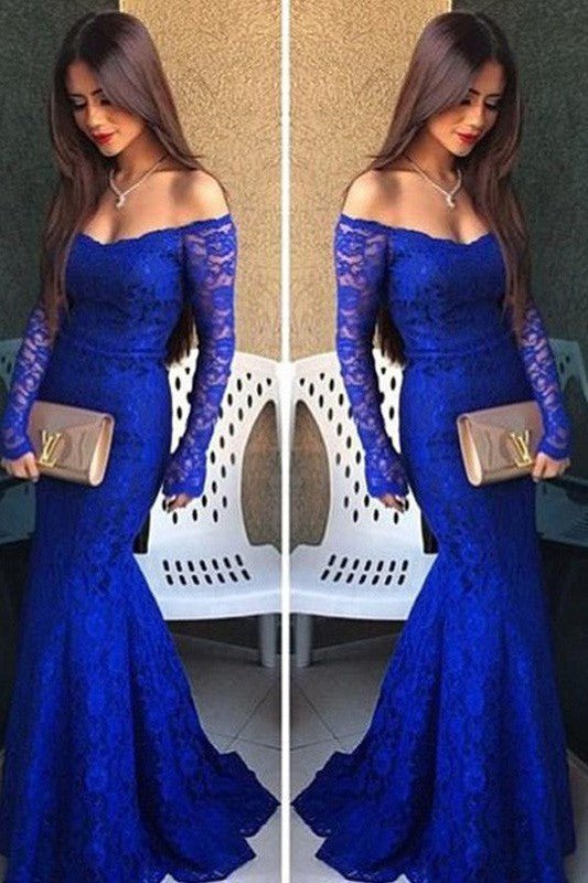 Chic Mermaid Off-the-Shoulder Long Sleeves Lace Prom Dress-ballbellauk
