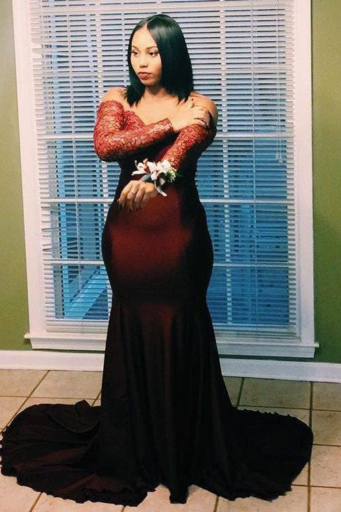 Chic Mermaid Off-the-Shoulder Long Sleeves With Appliques Elastic Woven Satin Plus Size Prom Dress-ballbellauk