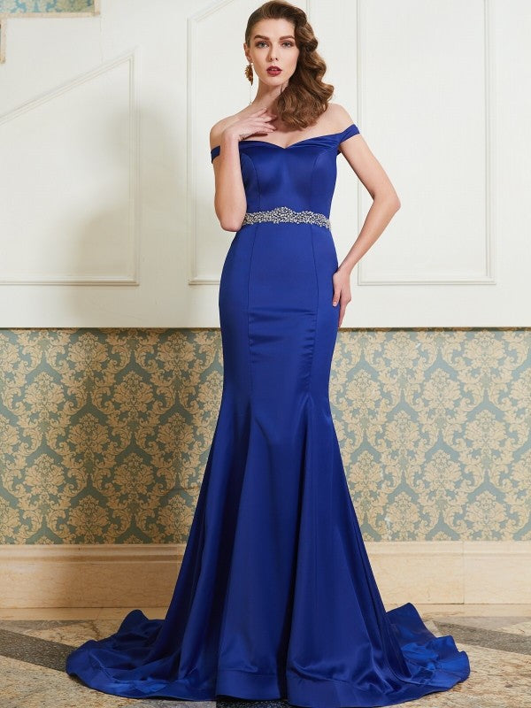 Chic Mermaid Off-the-Shoulder Sleeveless Crystal Elegant Evening Dress-ballbellauk