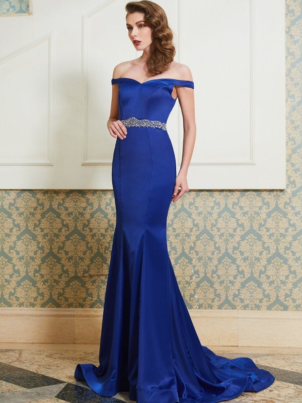 Chic Mermaid Off-the-Shoulder Sleeveless Crystal Elegant Evening Dress-ballbellauk