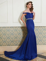 Chic Mermaid Off-the-Shoulder Sleeveless Crystal Elegant Evening Dress-ballbellauk