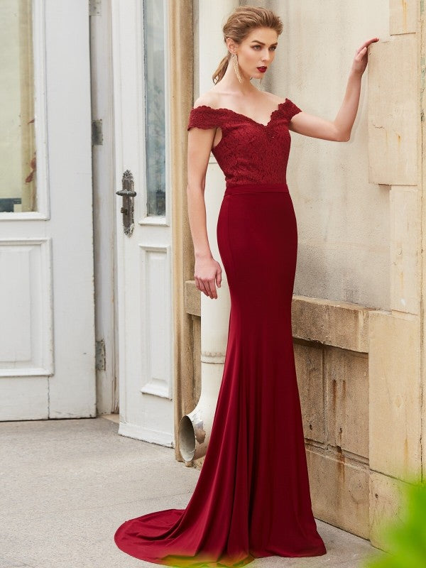 Chic Mermaid Off-the-Shoulder Sleeveless Lace Spandex Prom Dress-ballbellauk