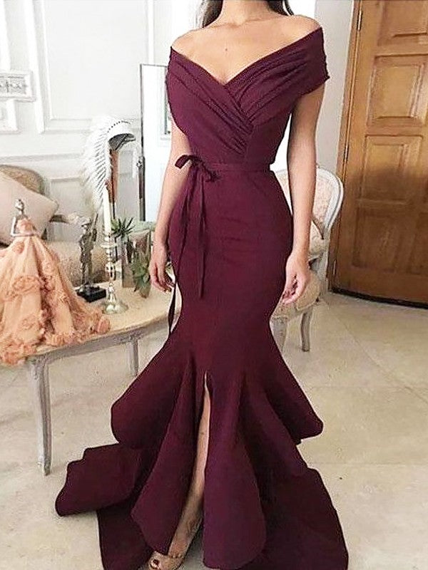 Chic Mermaid Off-the-Shoulder Sleeveless Long Ruched Stretch Crepe Prom Dress-ballbellauk