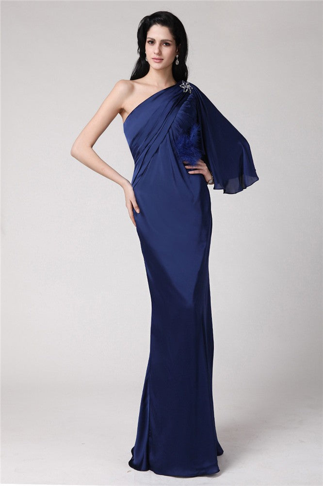 Chic Mermaid One-Shoulder Long Feather Chiffon Damask Prom Dress-ballbellauk
