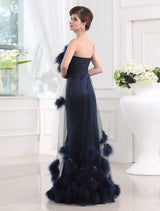Chic Mermaid One-shoulder Sleeveless Long Satin Tulle Prom Dress-ballbellauk