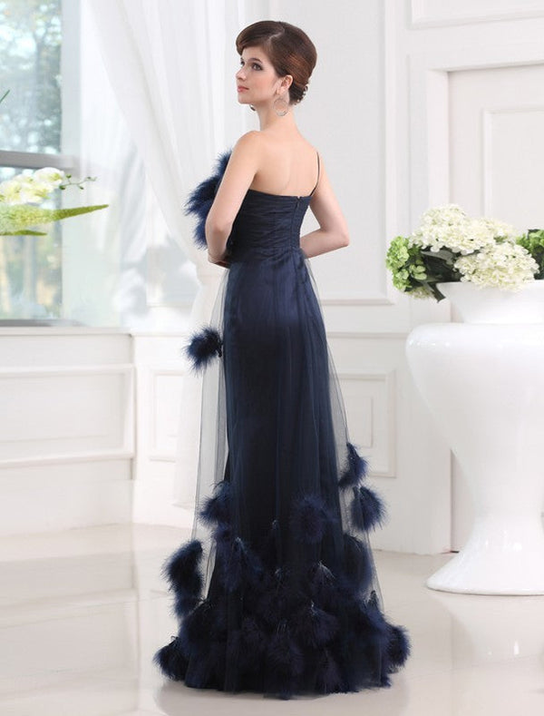 Chic Mermaid One-shoulder Sleeveless Long Satin Tulle Prom Dress-ballbellauk
