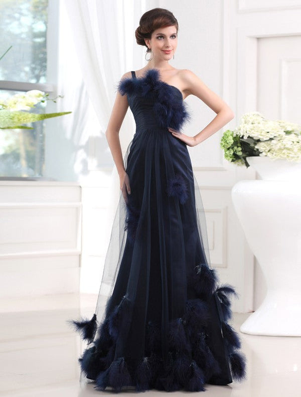 Chic Mermaid One-shoulder Sleeveless Long Satin Tulle Prom Dress-ballbellauk