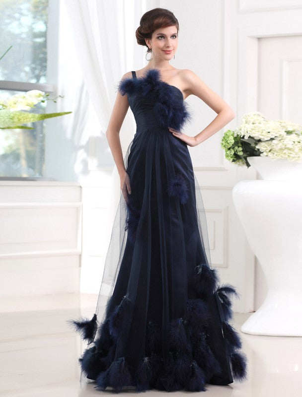 Chic Mermaid One-shoulder Sleeveless Long Satin Tulle Prom Dress-ballbellauk