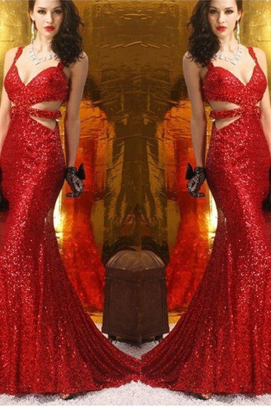 Chic Mermaid Ruffles V-neck Sequins Sleeveless Prom Dress-ballbellauk
