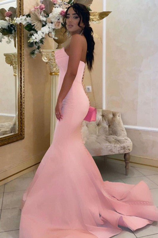 Chic Mermaid Satin Ruffles Strapless Sleeveless Prom Dress-ballbellauk