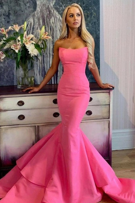 Chic Mermaid Satin Ruffles Strapless Sleeveless Prom Dress-ballbellauk