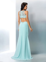 Chic Mermaid Scoop Beading Sleeveless Long Chiffon Two Piece Prom Dress-ballbellauk