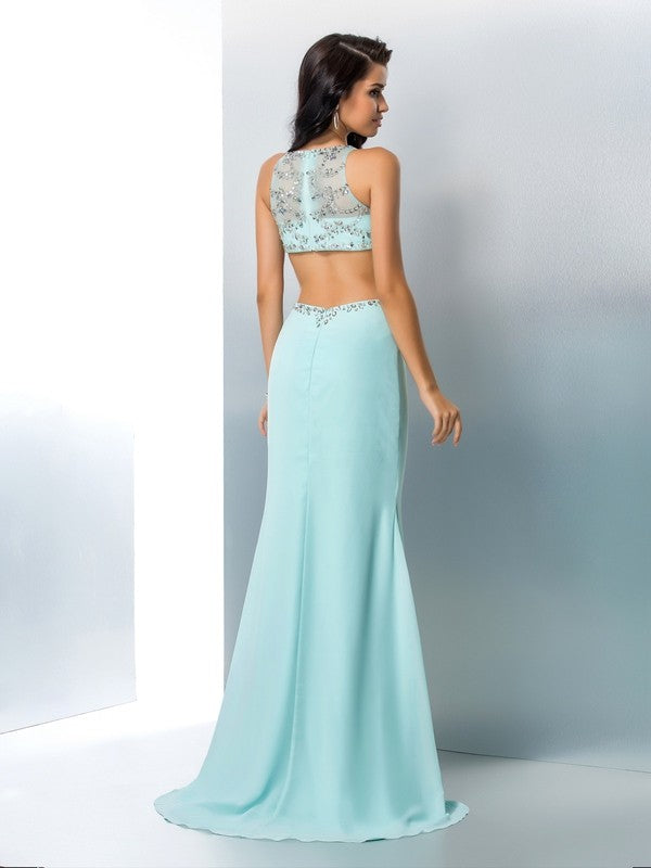 Chic Mermaid Scoop Beading Sleeveless Long Chiffon Two Piece Prom Dress-ballbellauk