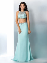 Chic Mermaid Scoop Beading Sleeveless Long Chiffon Two Piece Prom Dress-ballbellauk