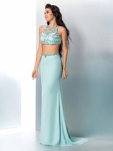 Chic Mermaid Scoop Beading Sleeveless Long Chiffon Two Piece Prom Dress-ballbellauk