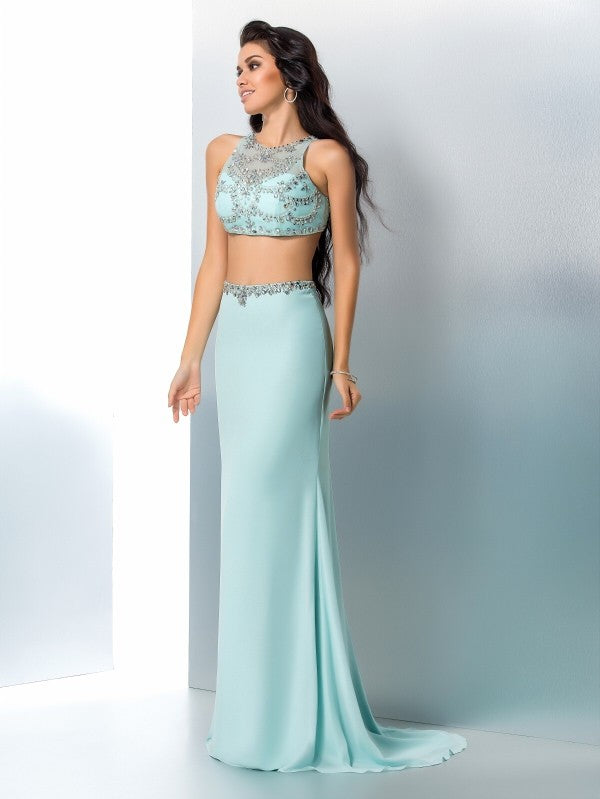 Chic Mermaid Scoop Beading Sleeveless Long Chiffon Two Piece Prom Dress-ballbellauk