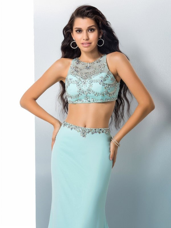 Chic Mermaid Scoop Beading Sleeveless Long Chiffon Two Piece Prom Dress-ballbellauk