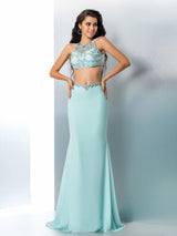 Chic Mermaid Scoop Beading Sleeveless Long Chiffon Two Piece Prom Dress-ballbellauk