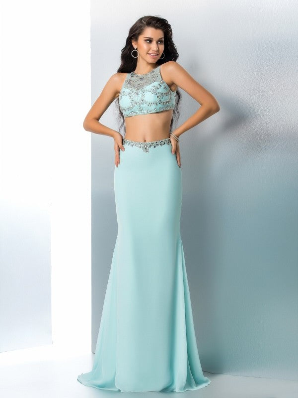 Chic Mermaid Scoop Beading Sleeveless Long Chiffon Two Piece Prom Dress-ballbellauk