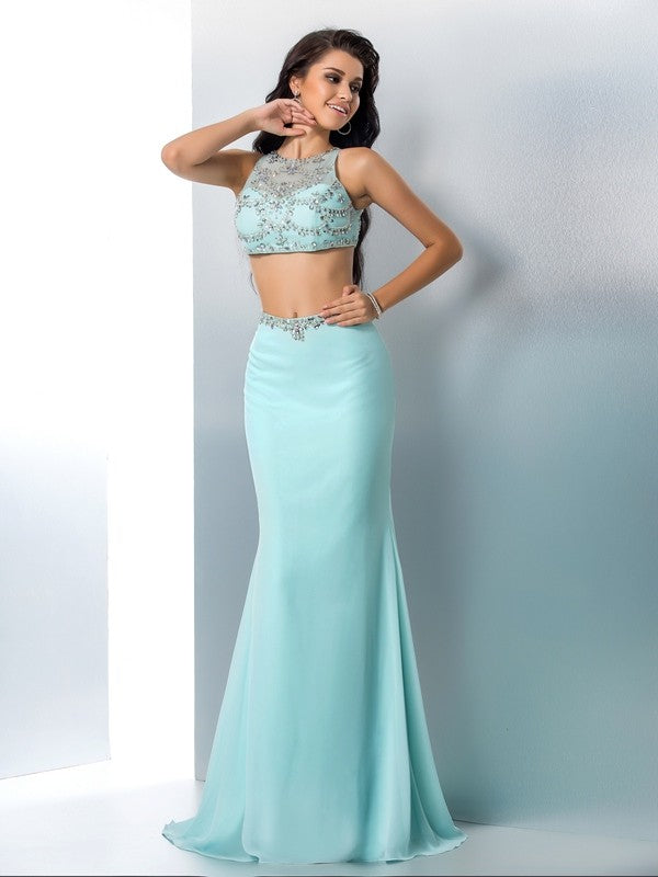 Chic Mermaid Scoop Beading Sleeveless Long Chiffon Two Piece Prom Dress-ballbellauk