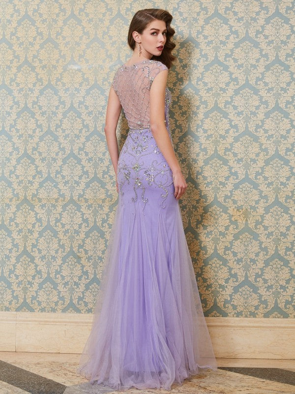 Chic Mermaid Scoop Beading Sleeveless Long Tulle Prom Dress-ballbellauk