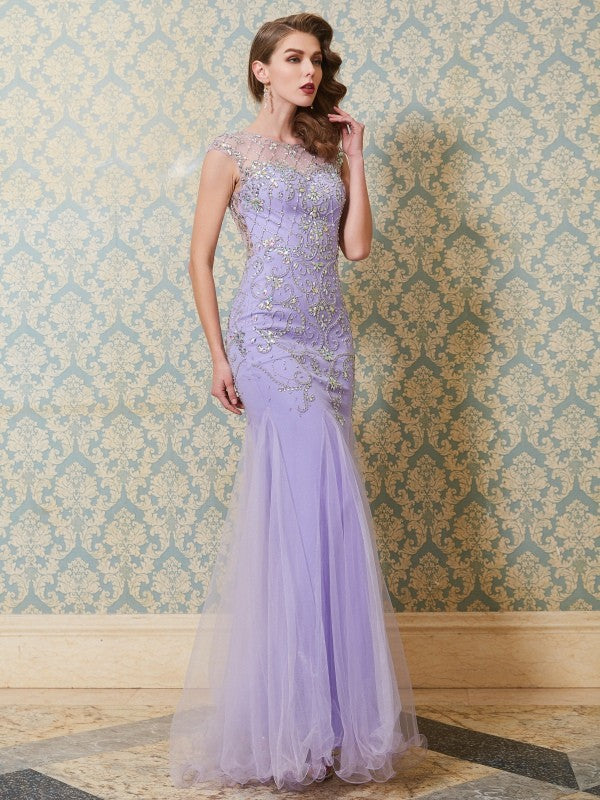 Chic Mermaid Scoop Beading Sleeveless Long Tulle Prom Dress-ballbellauk