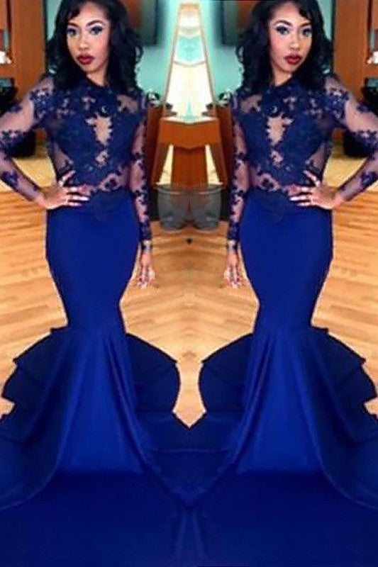 Chic Mermaid Scoop Lace Elastic Woven Satin Long Sleeves Prom Dress-ballbellauk