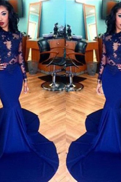 Chic Mermaid Scoop Lace Elastic Woven Satin Long Sleeves Prom Dress-ballbellauk
